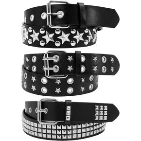 3Pcs Black Studded Belt Set, Y2K Star Belt Gothic Punk Rock Belt with Metal Pyramid Grommets for Women & Men