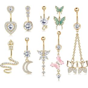 TEN MIRO 14G Dangle Belly Button Rings for Women - Snake, Evil Eye, Heart CZ Pink & Green Butterfly - 316L Stainless Steel Navel Piercing Jewelry
