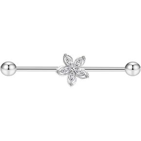 14G CZ Flower Industrial Barbell Earrings for Women 38mm Stainless Steel Cartilage Barbell Earrings Long Conch Helix Cartilage Industrial Piercing Jewelry