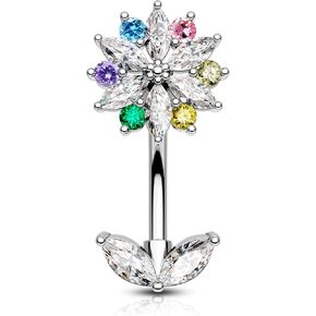 COCHARM Flower Belly Button Rings, 14G Colorful Belly Navel Rings for Women, Stainless Steel Belly Navel Piercing Jewelry