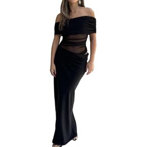Women Off Shoulder Maxi Dress Sheer Mesh Ruched Long Dress Sexy Y2k Dresses Beach Clubwear