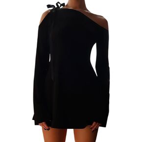 HYPERFIRE Women's Shoulder Tie Long Sleeve Asymmetrical Dress Boat Neck Cocktail Mini Dresses