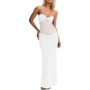 Women’s Maxi Dress Removable Spaghetti Straps Knotted Twist Sweetheart See Through Night Club Party Cocktail Bodycon Dress