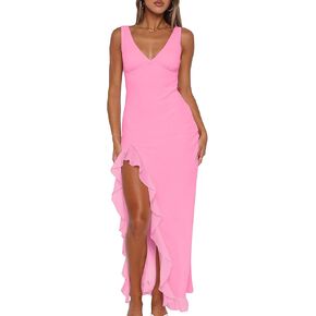 Mokoru Women's Sexy Bodycon V Neck Sleeveless Ruffle Hem High Slit Cocktail Party Maxi Dresses