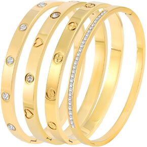Stainless Steel Bangle Bracelet Set for Women - Silver/Gold Love Bangle Jewelry with Sparkling Crystal Inlay for Love Gifts