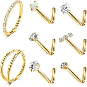 MJust Titanium Nose Ring Set, 18G Hypoallergenic L Shaped and Hoop Nose Stud Rings for Women & Men.