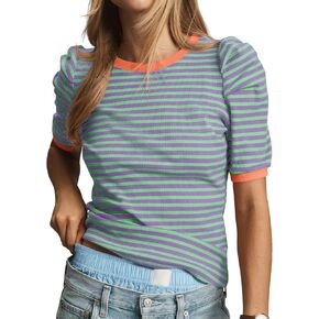 Tankaneo Womens Short Puff Sleeve Tops Trendy Striped Color Block T Shirts Crewneck Casual Shirts