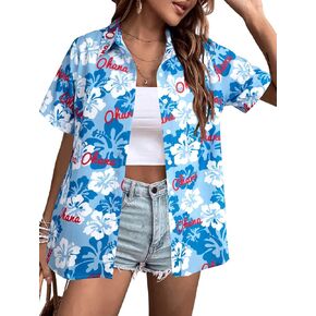 KIDDAD Hawaiian Shirts for Women: Ohana Means Family Shirt Hawaii Tropical Graphic T-Shirt Summer Beach Button Up Tops