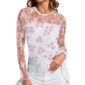 AKEWEI Womens Sexy Sheer Mesh Long Sleeve Tops Crew Neck Double Layered Tee Shirts Going Out Party Club Night Lace Blouse