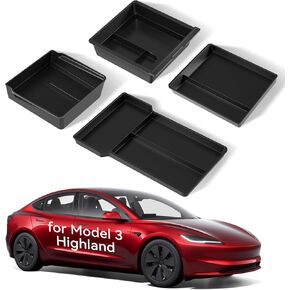 2025 ترقية مركز وحدة التحكم في مركز Tesla Model 3 Highland Accessories 2024 2025 ، Slide Storage Double Layer Slide بسلاسة - 4 PCS ، Black