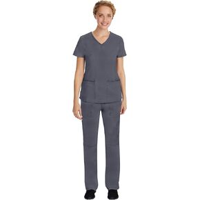 Healing Hands Scrub Set for Women with 7 Pockets, V-Neck Scrub Top 2245 and Knit Waistband Scrub Pant 9133,Pewter - M Top/M Petite Pant