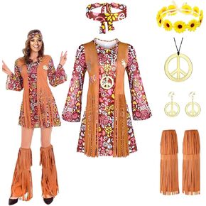سولا 60S 70S WOMENS HIPPIE COSTUME STET GIRLS DISCO Outfits with Assessories for Halloween Carnival Party