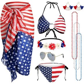 Mepase 8pcs American Flag Bikini Patriotic Set 4th July Scarf Headband Earring Star Necklace Sunglass Women Swimsuit