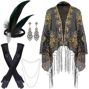 1920s Accessories for Women, 20s Costume Accessories Set, Shawl Feather Headpiece Necklace Earrings Long Gloves for Cosplay Costume Wedding