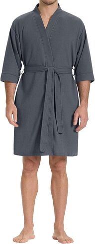 SIORO Mens Waffle Knit Robe, Short Lightweight Bathrobe with Pockets & 3/4 Sleeves, Kimono Loungewear for Spa & Shower in Saudi Arabia