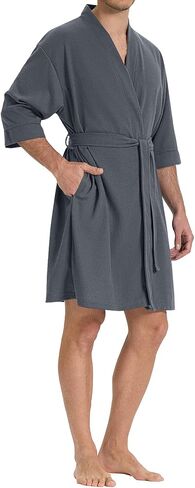 SIORO Mens Waffle Knit Robe, Short Lightweight Bathrobe with Pockets & 3/4 Sleeves, Kimono Loungewear for Spa & Shower in Saudi Arabia