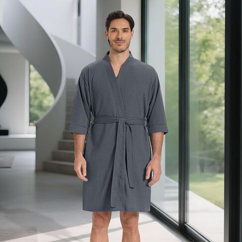 SIORO Mens Waffle Knit Robe, Short Lightweight Bathrobe with Pockets & 3/4 Sleeves, Kimono Loungewear for Spa & Shower in Saudi Arabia