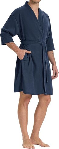 SIORO Mens Waffle Knit Robe, Short Lightweight Bathrobe with Pockets & 3/4 Sleeves, Kimono Loungewear for Spa & Shower in Saudi Arabia