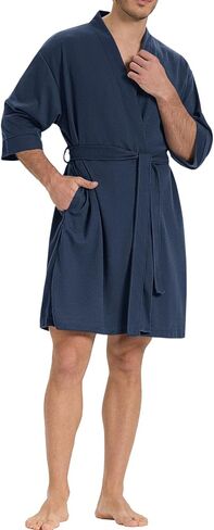 SIORO Mens Waffle Knit Robe, Short Lightweight Bathrobe with Pockets & 3/4 Sleeves, Kimono Loungewear for Spa & Shower in Saudi Arabia