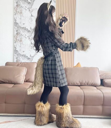 Therian mask and Tail Animal Costume Set with Cat Ears Therian Paws Fluffy Faux Fur Boots for Women Halloween Cosplay in Saudi Arabia