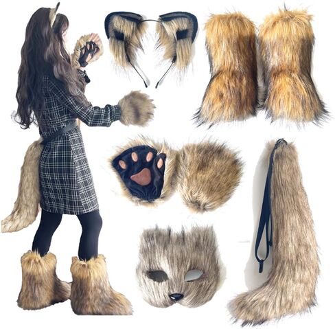 Therian mask and Tail Animal Costume Set with Cat Ears Therian Paws Fluffy Faux Fur Boots for Women Halloween Cosplay in Saudi Arabia