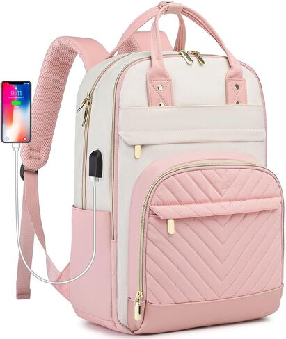 Laptop Backpack Women Work Bags - 15.6 inch Travel Backpack with USB Charger College Bookbag Waterproof Business Computer Backpack Anti-theft Casual Work Backpacks for Women Nurse Teacher Beige-Pink in Saudi Arabia