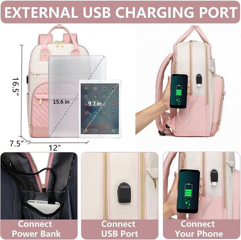 Laptop Backpack Women Work Bags - 15.6 inch Travel Backpack with USB Charger College Bookbag Waterproof Business Computer Backpack Anti-theft Casual Work Backpacks for Women Nurse Teacher Beige-Pink in Saudi Arabia