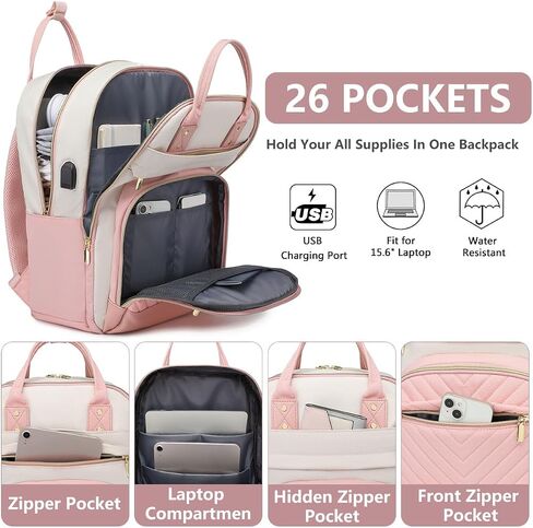 Laptop Backpack Women Work Bags - 15.6 inch Travel Backpack with USB Charger College Bookbag Waterproof Business Computer Backpack Anti-theft Casual Work Backpacks for Women Nurse Teacher Beige-Pink in Saudi Arabia