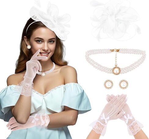 CURASA 4PCS Fascinators Hat for Women Flower Tea Party with Lace Gloves Pearl Necklace Earrings Feather Derby Hat in Saudi Arabia