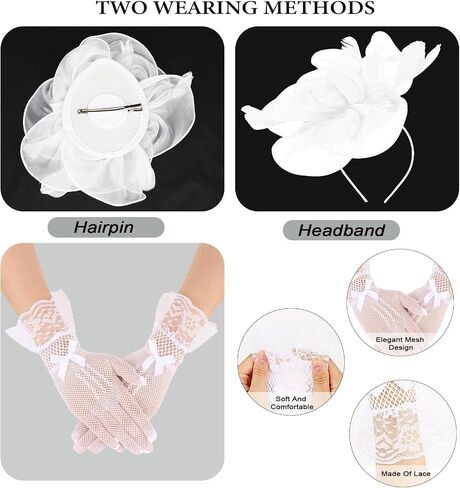 CURASA 4PCS Fascinators Hat for Women Flower Tea Party with Lace Gloves Pearl Necklace Earrings Feather Derby Hat in Saudi Arabia