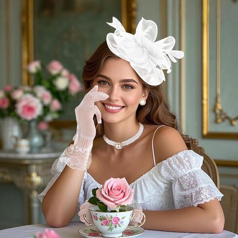 CURASA 4PCS Fascinators Hat for Women Flower Tea Party with Lace Gloves Pearl Necklace Earrings Feather Derby Hat in Saudi Arabia