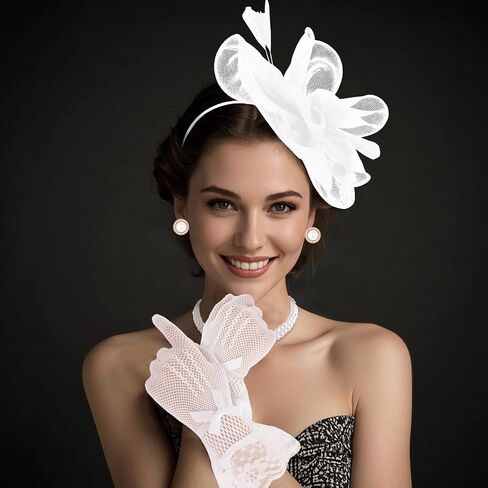 CURASA 4PCS Fascinators Hat for Women Flower Tea Party with Lace Gloves Pearl Necklace Earrings Feather Derby Hat in Saudi Arabia