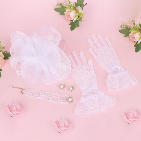 CURASA 4PCS Fascinators Hat for Women Flower Tea Party with Lace Gloves Pearl Necklace Earrings Feather Derby Hat in Saudi Arabia