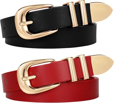 WERFORU 2 Pack Women Leather Belt Fashion Leather Waist Belt for Pants Jean Ladies Western Belt with Gold/Silver Buckle- in Saudi Arabia