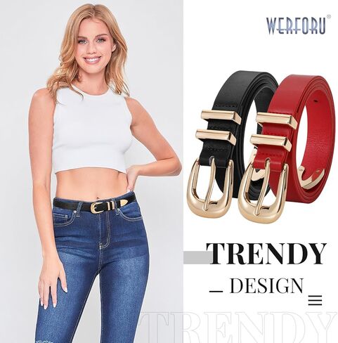 WERFORU 2 Pack Women Leather Belt Fashion Leather Waist Belt for Pants Jean Ladies Western Belt with Gold/Silver Buckle- in Saudi Arabia
