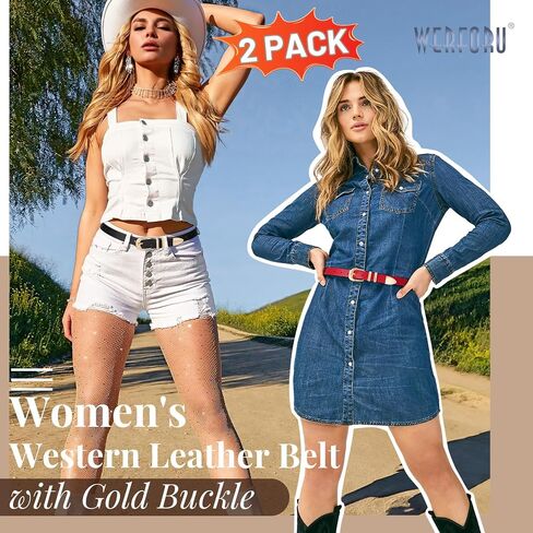 WERFORU 2 Pack Women Leather Belt Fashion Leather Waist Belt for Pants Jean Ladies Western Belt with Gold/Silver Buckle- in Saudi Arabia