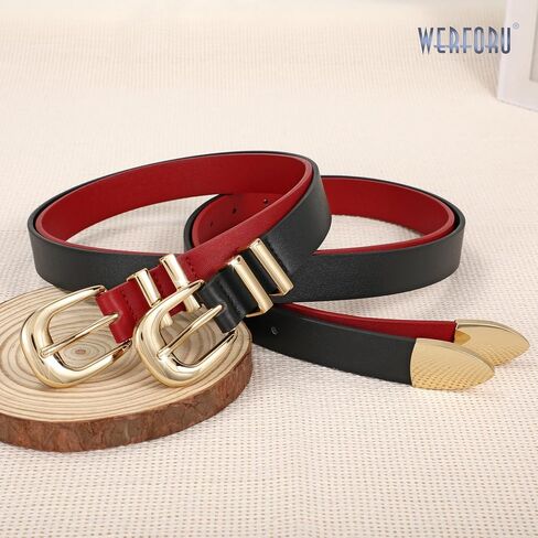 WERFORU 2 Pack Women Leather Belt Fashion Leather Waist Belt for Pants Jean Ladies Western Belt with Gold/Silver Buckle- in Saudi Arabia