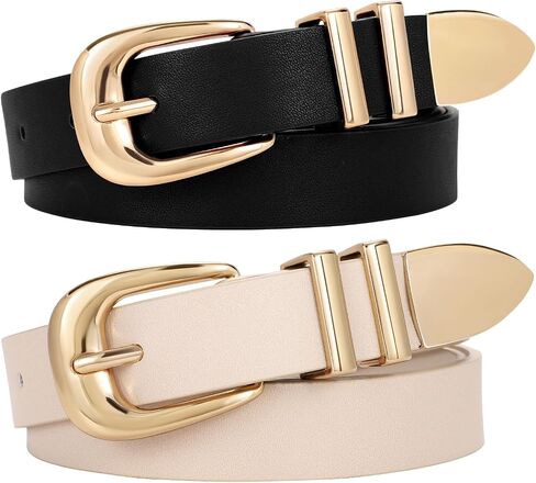 WERFORU 2 Pack Women Leather Belt Fashion Leather Waist Belt for Pants Jean Ladies Western Belt with Gold/Silver Buckle- in Saudi Arabia
