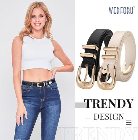 WERFORU 2 Pack Women Leather Belt Fashion Leather Waist Belt for Pants Jean Ladies Western Belt with Gold/Silver Buckle- in Saudi Arabia