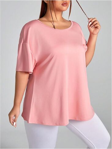 نساء زائد الحجم المقطوع من Criss Cross Back Tee Short Sleeve Crew Neck Tops الرياضية الرياضية in Kuwait