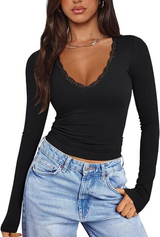 PINKMSTYLE Women Sexy V Neck Lace Long Sleeve Shirts Basic Fitted Double Lined Going Out Y2K Trendy Fall Tops in Saudi Arabia