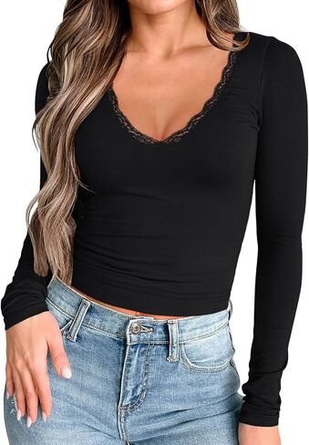 PINKMSTYLE Women Sexy V Neck Lace Long Sleeve Shirts Basic Fitted Double Lined Going Out Y2K Trendy Fall Tops in Saudi Arabia