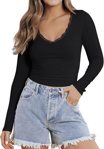 PINKMSTYLE Women Sexy V Neck Lace Long Sleeve Shirts Basic Fitted Double Lined Going Out Y2K Trendy Fall Tops in Saudi Arabia