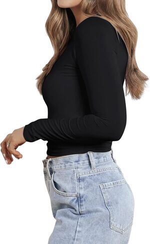 PINKMSTYLE Women Sexy V Neck Lace Long Sleeve Shirts Basic Fitted Double Lined Going Out Y2K Trendy Fall Tops in Saudi Arabia