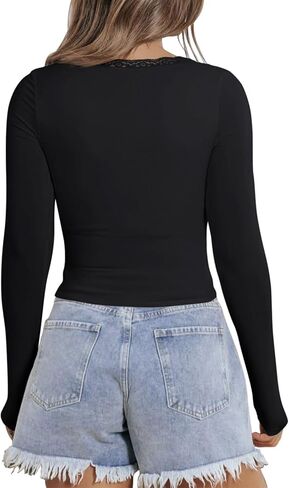 PINKMSTYLE Women Sexy V Neck Lace Long Sleeve Shirts Basic Fitted Double Lined Going Out Y2K Trendy Fall Tops in Saudi Arabia