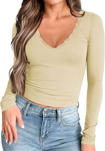 PINKMSTYLE Women Sexy V Neck Lace Long Sleeve Shirts Basic Fitted Double Lined Going Out Y2K Trendy Fall Tops in Saudi Arabia