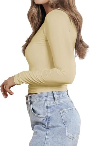 PINKMSTYLE Women Sexy V Neck Lace Long Sleeve Shirts Basic Fitted Double Lined Going Out Y2K Trendy Fall Tops in Saudi Arabia