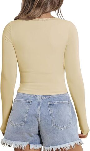 PINKMSTYLE Women Sexy V Neck Lace Long Sleeve Shirts Basic Fitted Double Lined Going Out Y2K Trendy Fall Tops in Saudi Arabia