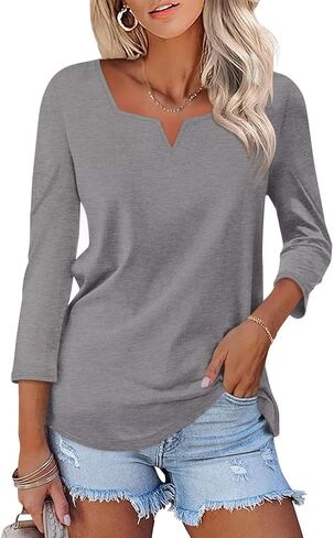 Women's 3/4 Length Sleeve Tops Square V Notched Neck Shirts Casual Summer Blouses in Saudi Arabia