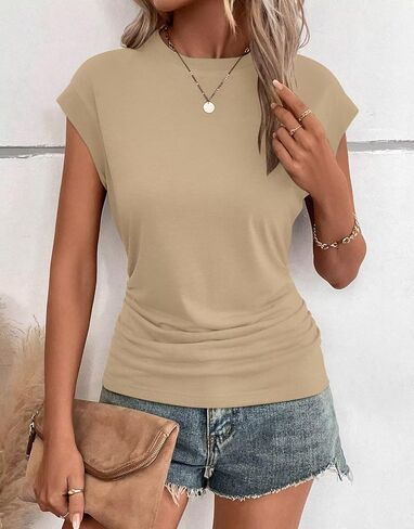 Bliwov 3Pack Womens Summer Cap Sleeve Tops Business Casual Crewneck Ruched T Shirts Trendy Basic Tops Beach Vacation Clothes in Saudi Arabia